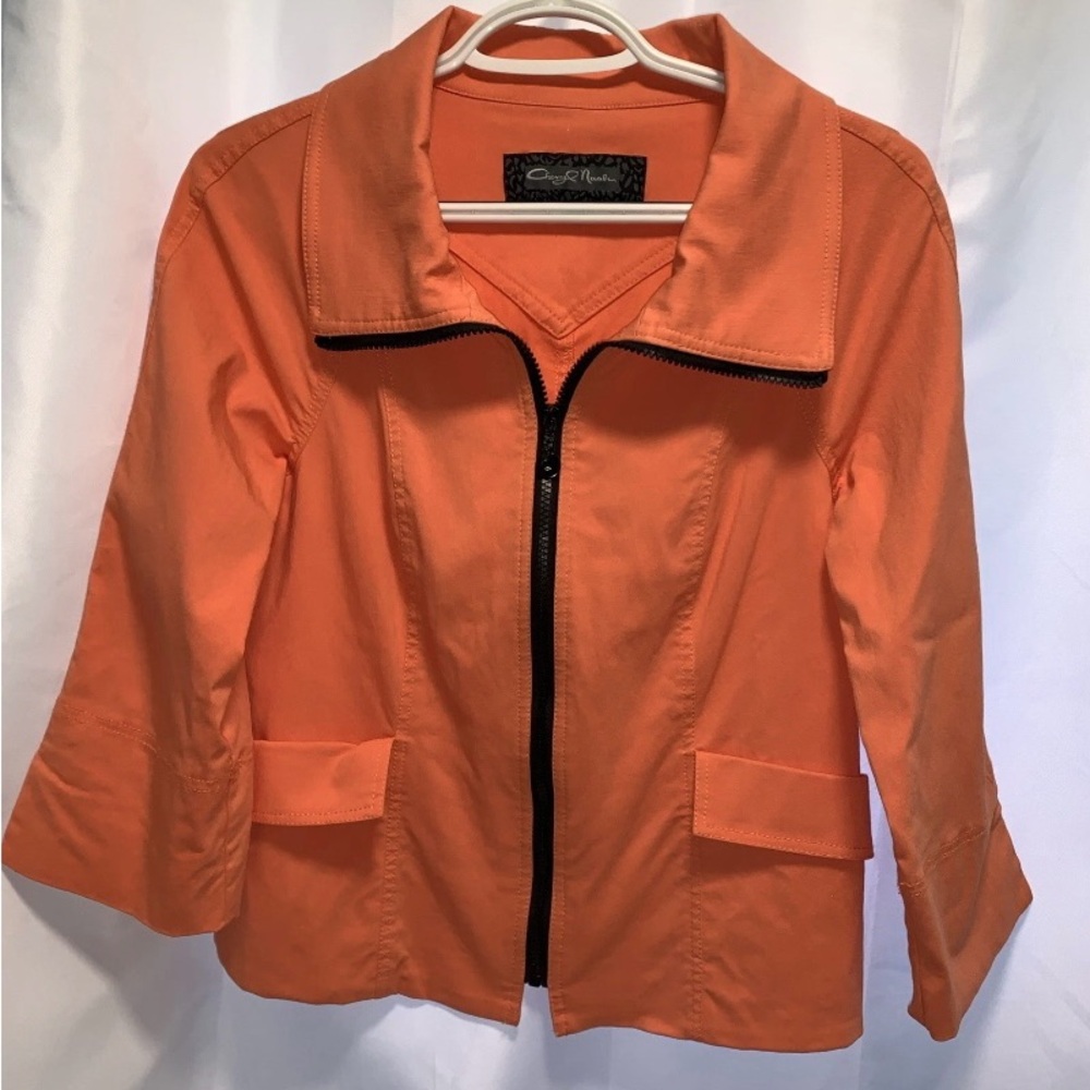 Cheryl Noah Tangerine Stretchy Blazer Jacket Zipper Black Trim Women's Small